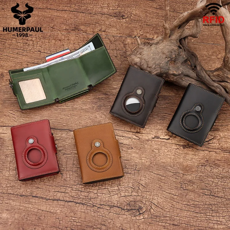 AirTag Anti-Loss Top-Grain Cowhide RFID Anti-Magnetic Automatic Card-Dispensing Metal Card Case Genuine Leather Wallet