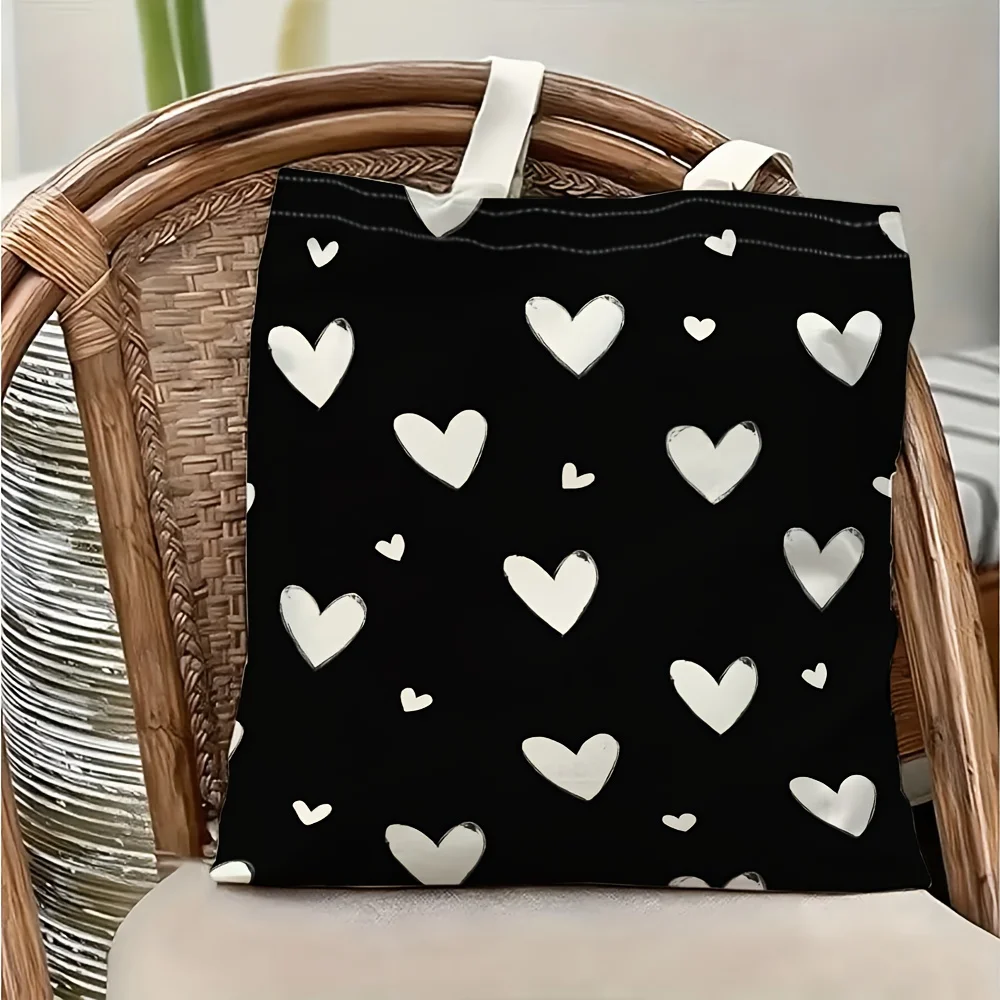 1pc Black Background Hand-drawn White Heart Printed Tote Bag