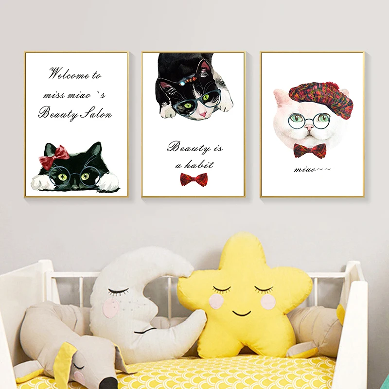 

3pcs Simple Cute Cat Canvas Poster Picture Wall Art Modern Nordic Living Room Children's Room Nursery Room Home Decoration Mural