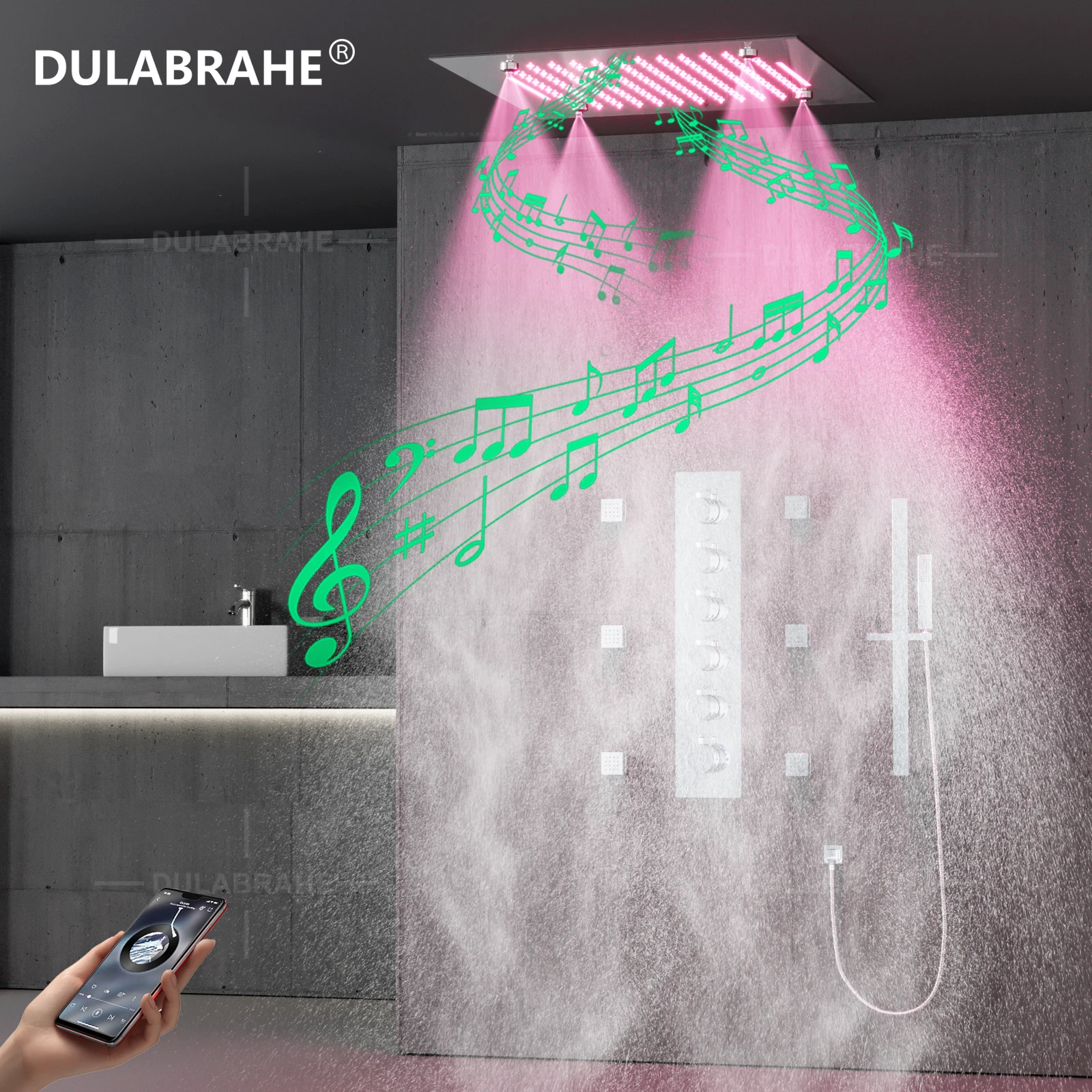 Ceiling Mounted 20Inch LED Shower Head with Music System Brass Thermostatic Main Body Bathroom Shower Faucet Set