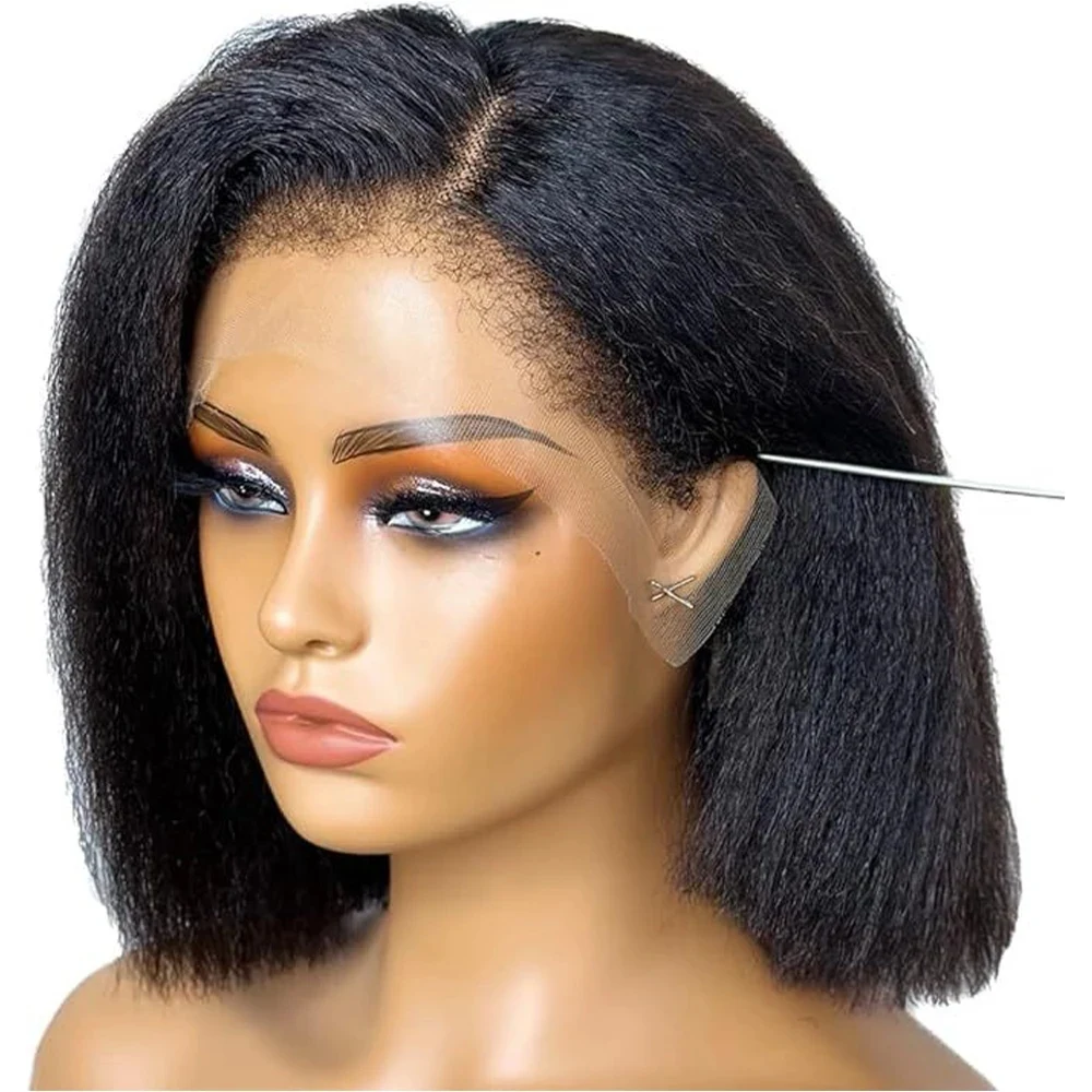 Klebefreie, glatte Bob-Perücke mit Spitzenansatz aus Echthaar für Damen, brasilianisches Remy-Haar, natürliches Dunkel, sofort tragbar, 13x4 HD Yaki-Perücke
