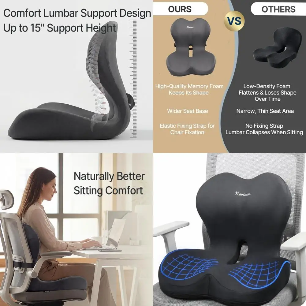 

Ergonomic Lumbar Pillow for Office Chairs - Seat Cushion with Anti-Slip Base and Adjustable Back Support