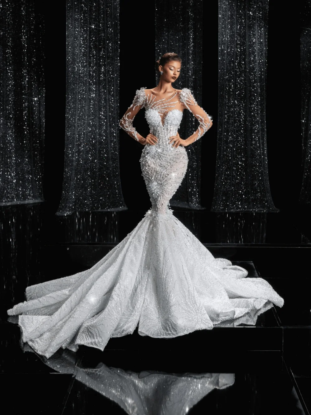 DMDRS Elegant Mermaid Wedding Dress Romantic Long-Sleeved Beaded Bridal Gowns Charming Appliquéd Floor-Length Wedding Gowns