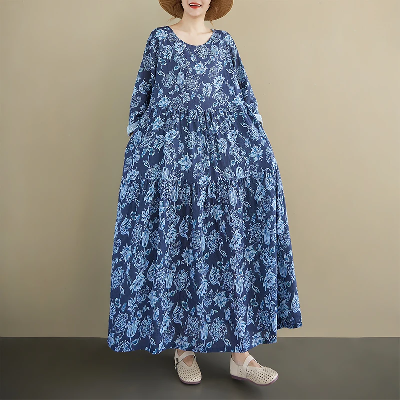 الرجعية كبيرة الحجم المرأة فضفاضة التخسيس طويلة Sve القطن الكتان طباعة خمر ربيع الخريف الدكتور عادية ألف خط ماكسي الدكتور #1