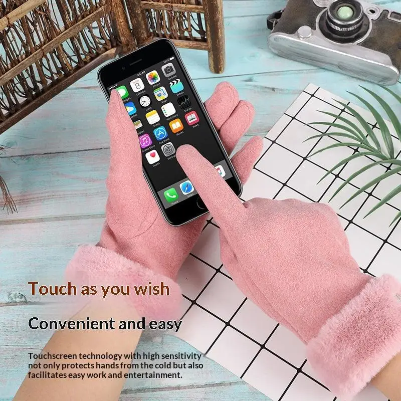 1 زوج الأزياء قفاز الخريف الشتاء لطيف فروي الدافئة قفازات كاملة الأصابع القفازات النساء الرياضة في الهواء الطلق الإناث قفازات الشاشة