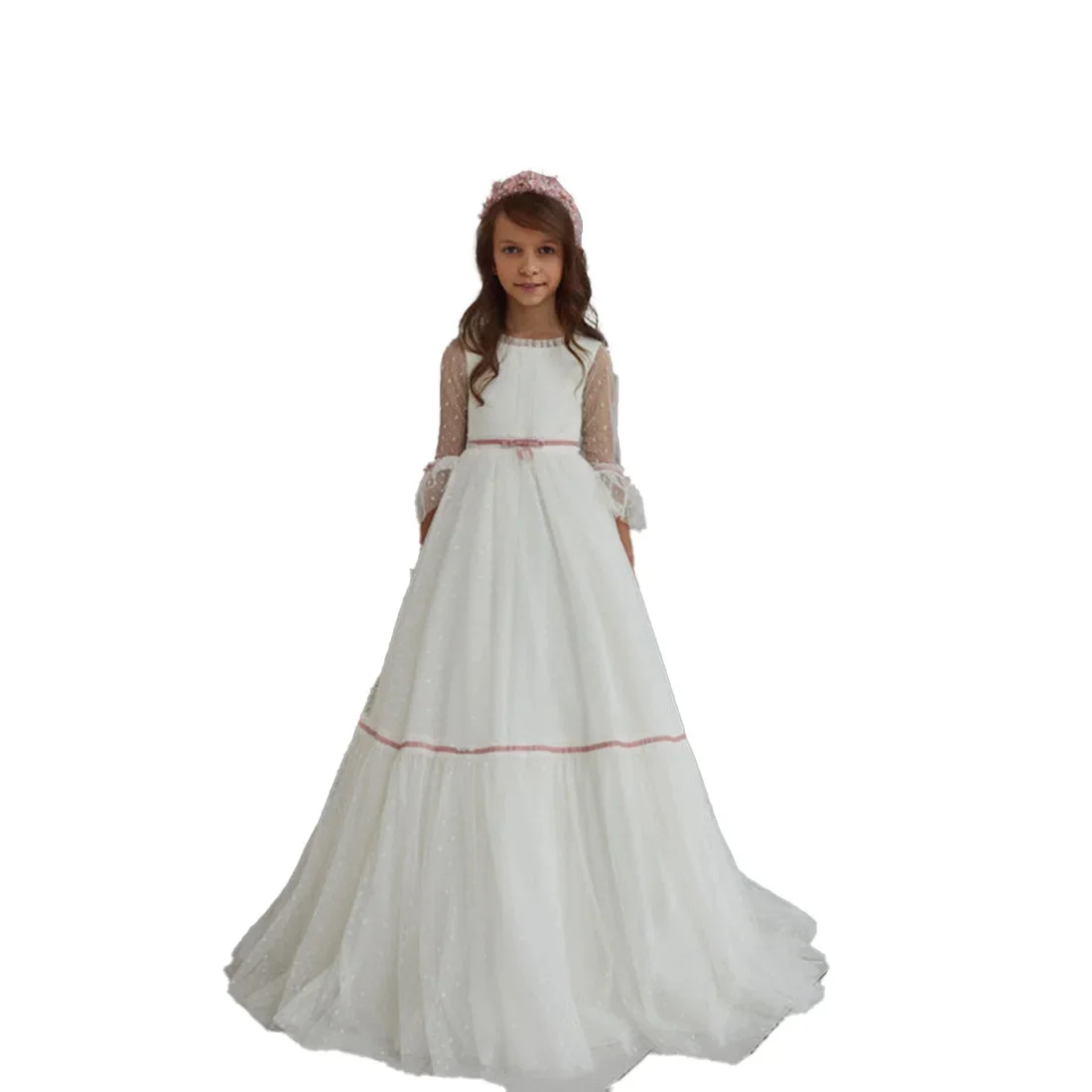 ที่กําหนดเองงาช้างดอกไม้สําหรับงานแต่งงาน 3/4 แขนโบว์ Elegant Princess Birthday Party First Communion Ball Gown