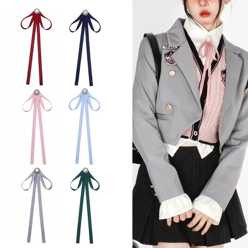 Women Pearl Ribbon Bowtie Corsage Brooch Pin Preppy Style Student JK Uniform Shirt Collar Vintage Pre-Tied Bowknot Necktie Clip