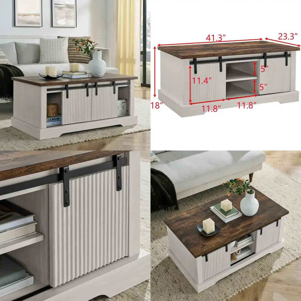 

Журнальный столик в деревенском стиле для фермерского дома с раздвижной дверью сарая и отделением для хранения, центральный стол в индустриальном стиле