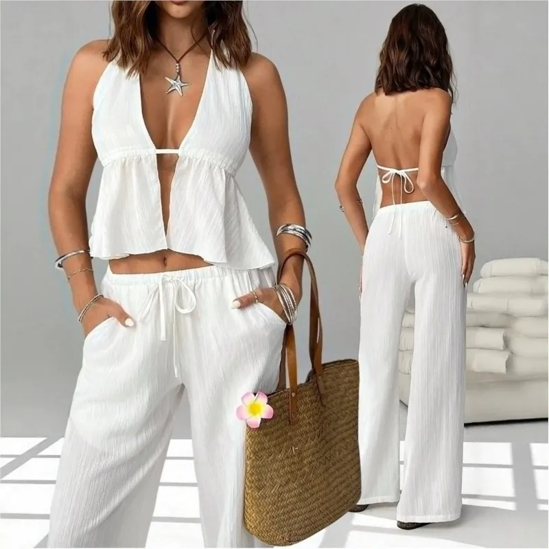 

Fashion Sexy Woman 2 Piece Set Backless Sleeveless Halter Neck Strap Vest Tops + Wide-leg Pants Suit Women's Clothing Outfit