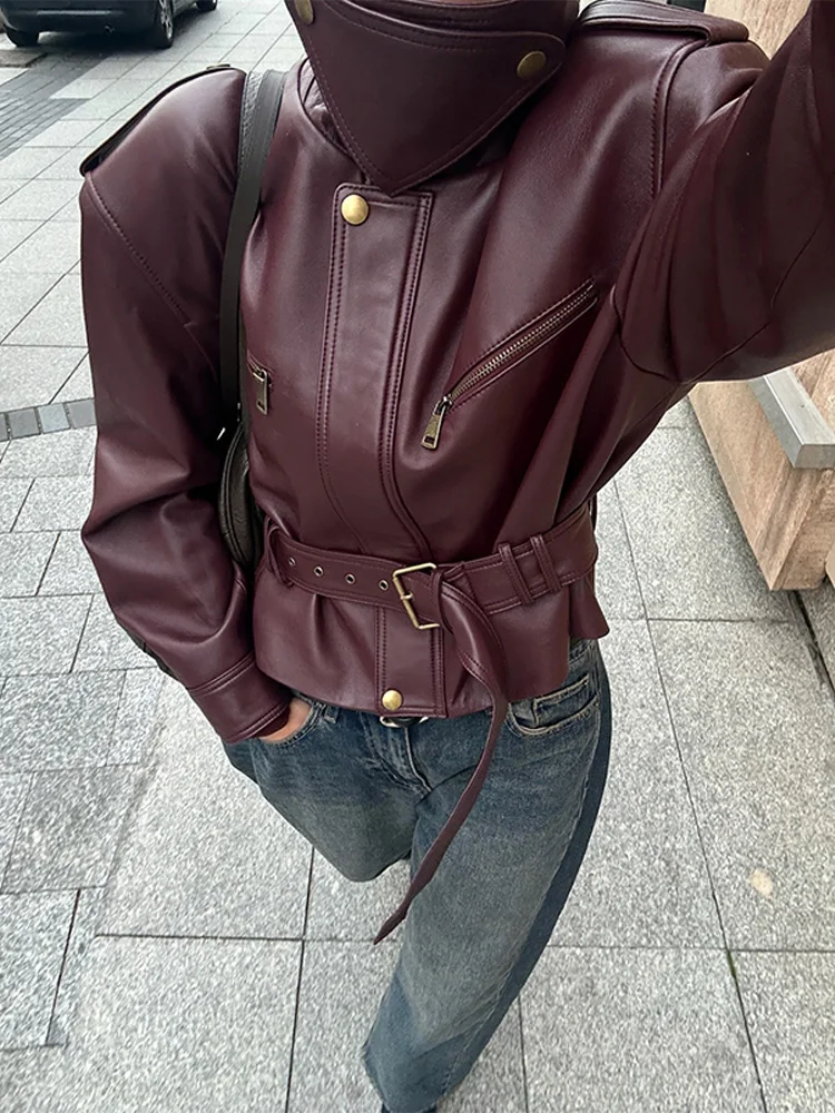 Giacca in pelle elegante collo alto moda vintage 2025 Nuovo squisito cappotto corto in vita stretta Abiti in ecopelle High Street