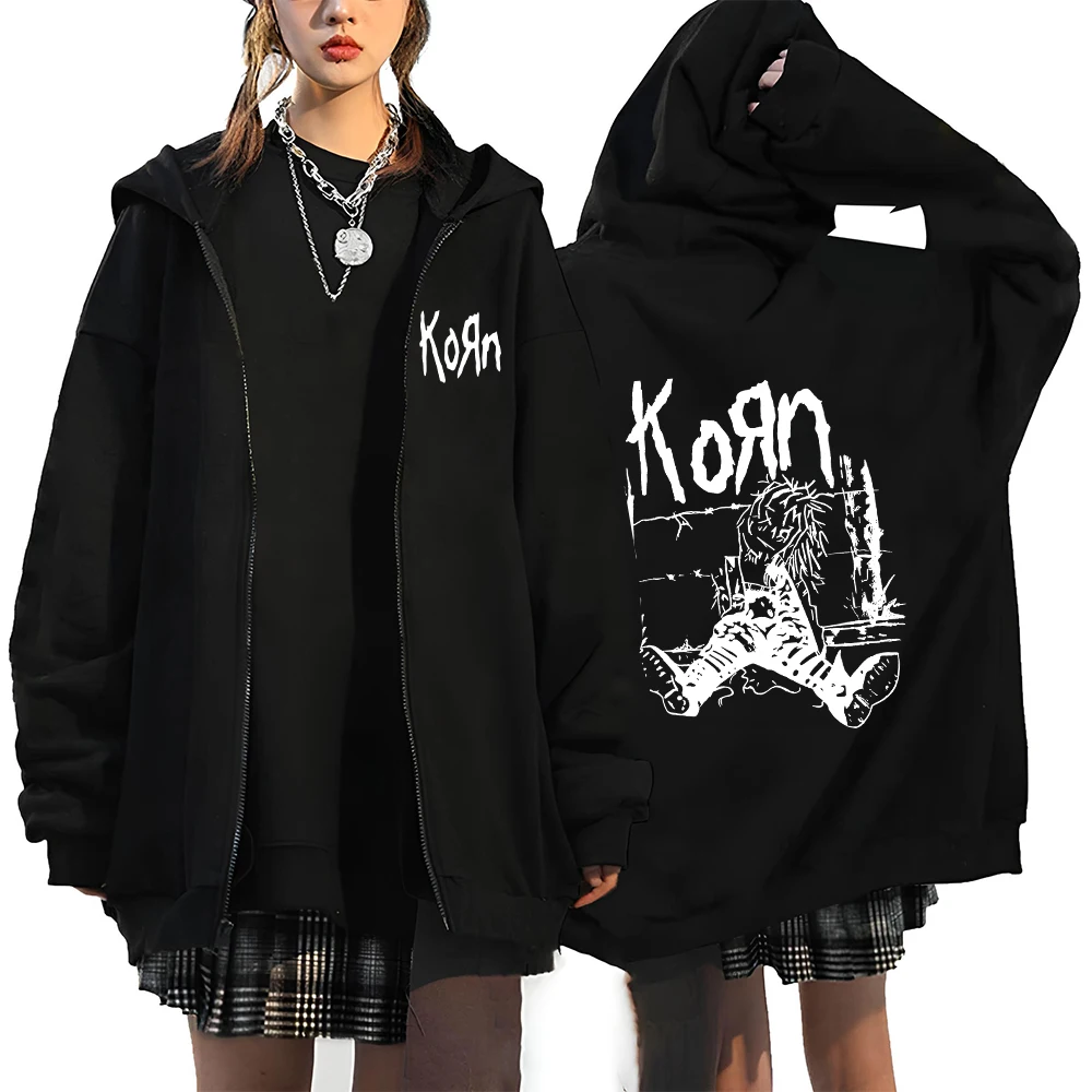 Korn Rock Band Letter Logo Zipper Hoodie Men\'s Metal Gothic Vintage Oversized Zip Up Hoodies Streetwear Punk sweat shirts Jacket