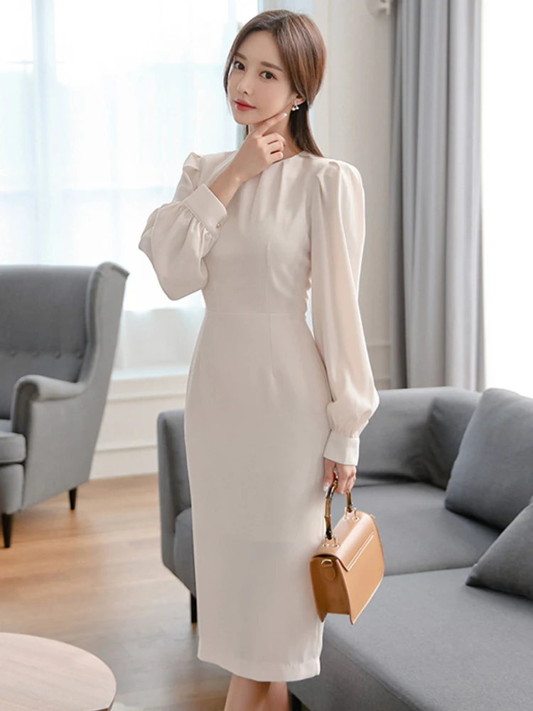 New Work Style Lady Simple Formal Pencil Dress Women Clothes Elegant Office Commute Vintage Puff Sleeve Slim Long Vestidos Robe