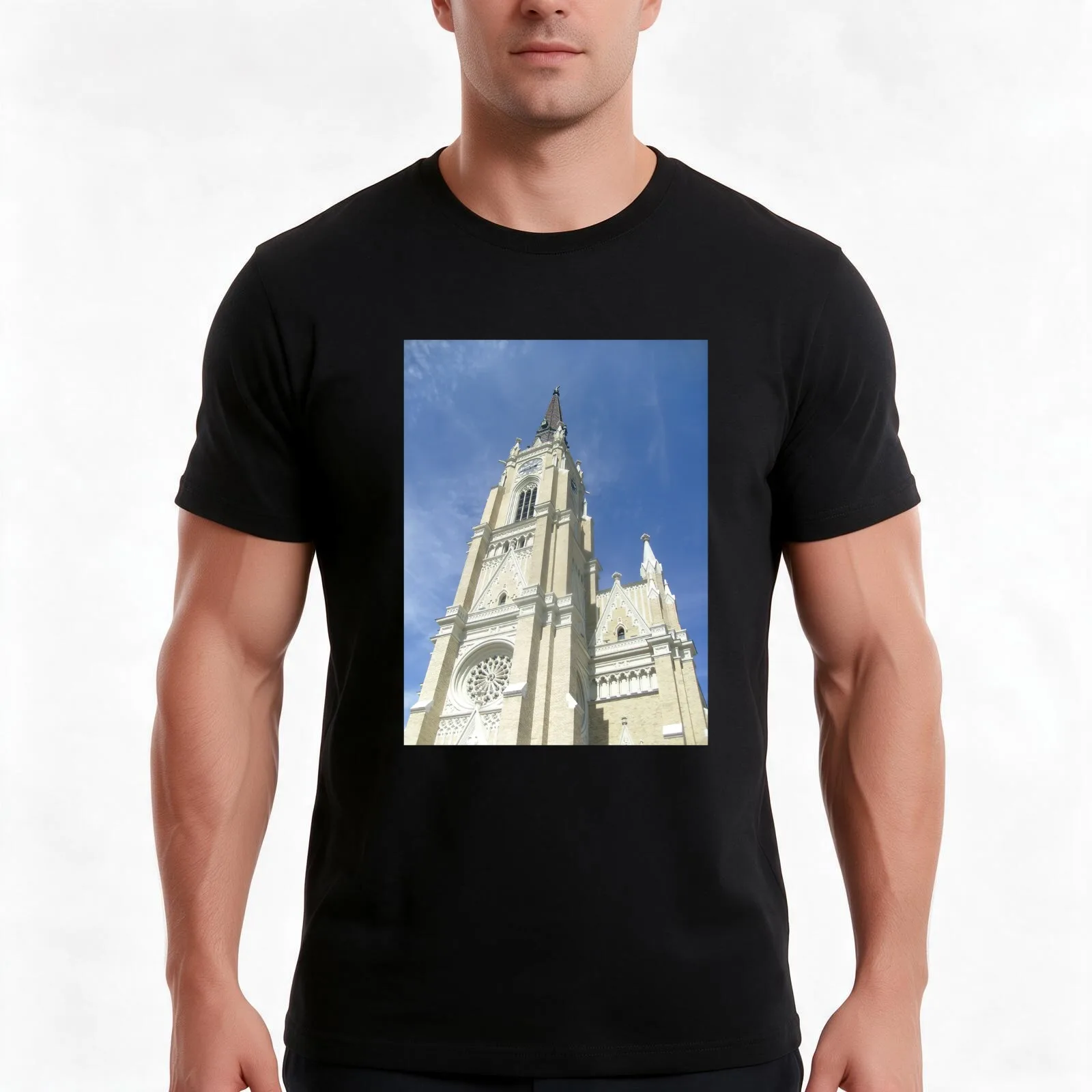 View of the bell tower of the cathedral in Novi Sad T-Shirt, Summer Casual Cotton Tee, Oversized Streetwear Tops, 100% Cotton