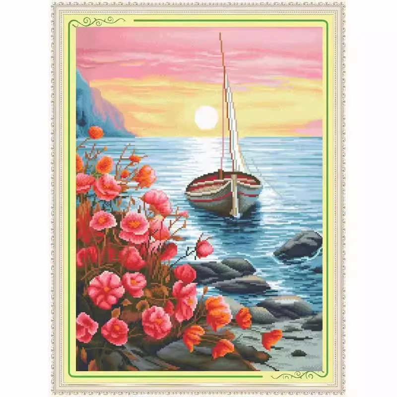 

9ct 60x85cm Sea Boat Embroidery DIY Chinese Style Printed Kits Cross Stitch Needlework Set Home Decor Crafts