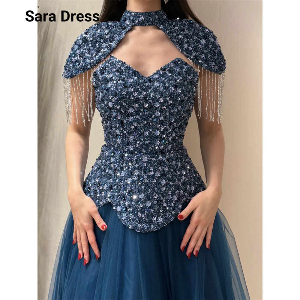 

Sara Custom A Line Blue Sweetheart Shiny Luxurious Women's Evening Dresses for Events Luxury Women's Elegant Party Dress Prom