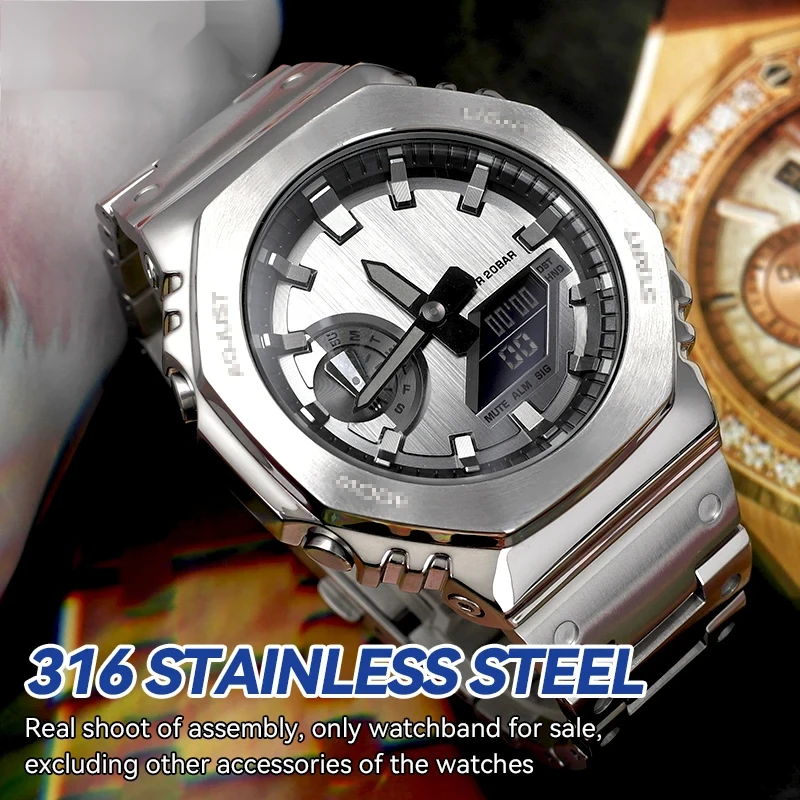Kit de modificación Casioak Correa de reloj de metal para Casio G-SHOCK GA2100 GM2100 GBM-2100 GM-2100B Pulsera de acero inoxidable para hombres con herramienta