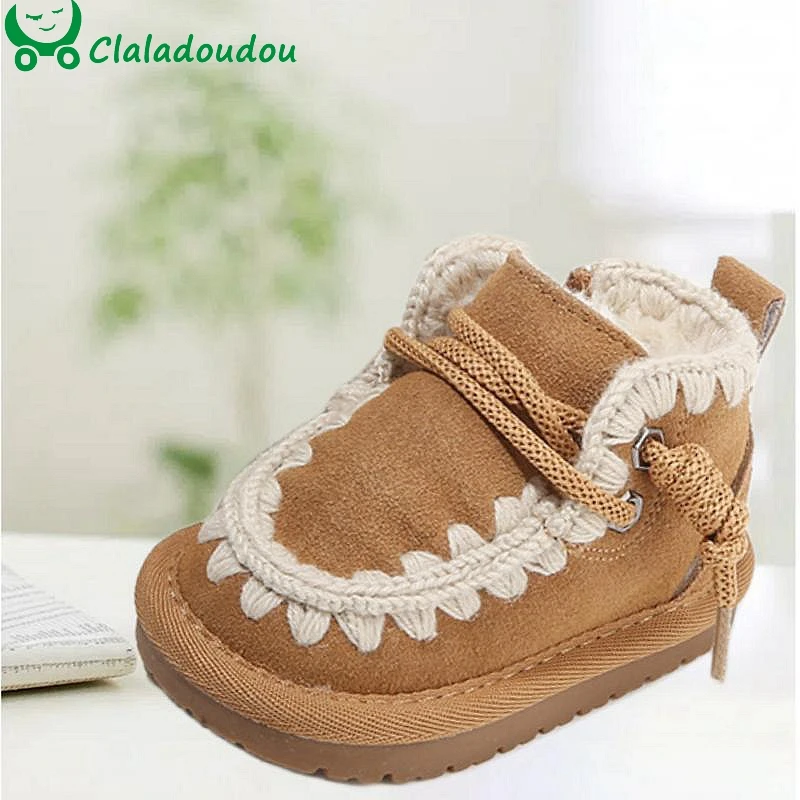 Toddler Baby Suede Snow Boots Winter Shoes Boys Girls Cold Weather Snow Boots Genuine Baby Cute Ruffle Warm Plush Walkers Shoes