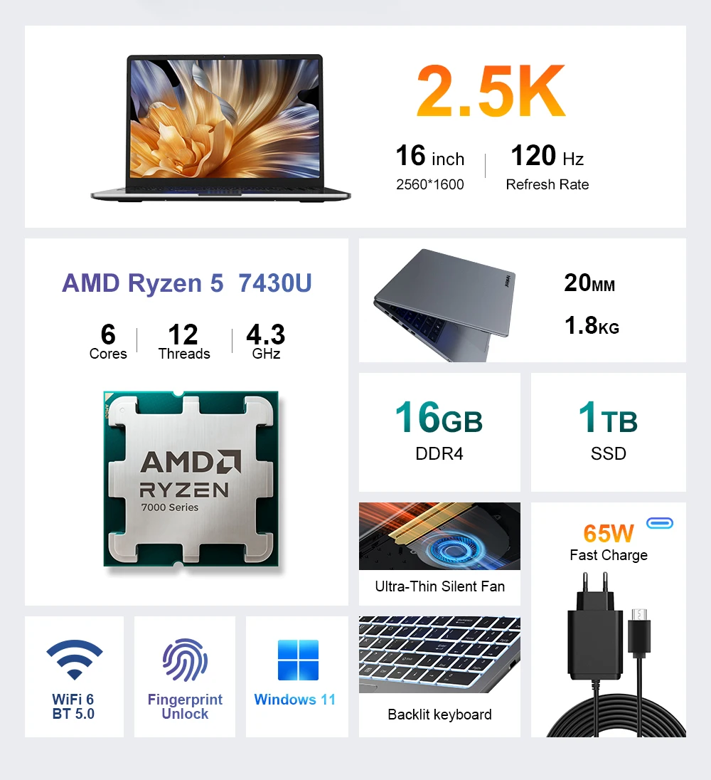 [Ship From Within Europe]Ninkear A15 Pro Laptop 16" QHD 2.5K 120Hz Display AMD Ryzen 5 5500U 16GB DDR4+1TB SSD 54.72Wh Battery 65W Charging BT5.2 Wi-Fi 6 Windows 11