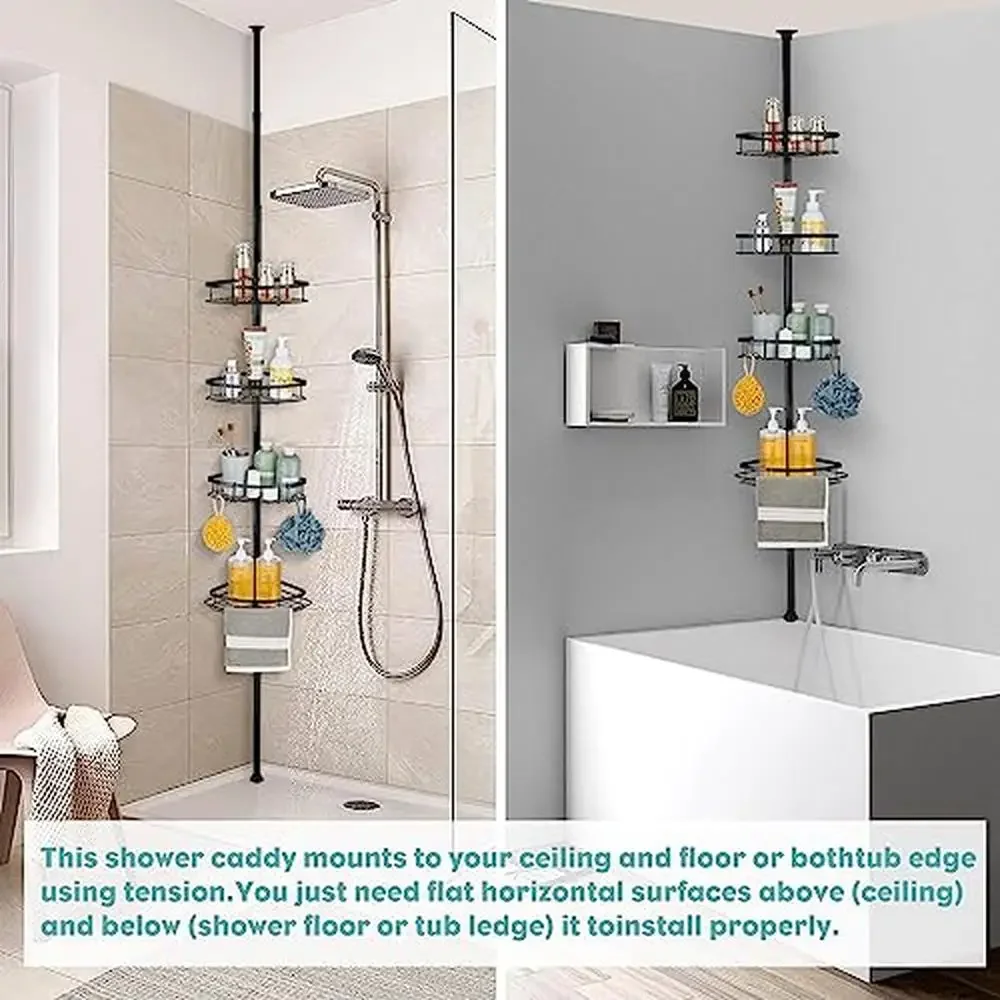 Stainless Steel Corner Shower Caddy Tension Pole Organizer Bathroom Shelf Stand Bathtub Storage Rack Non-Slip Design Rustproof