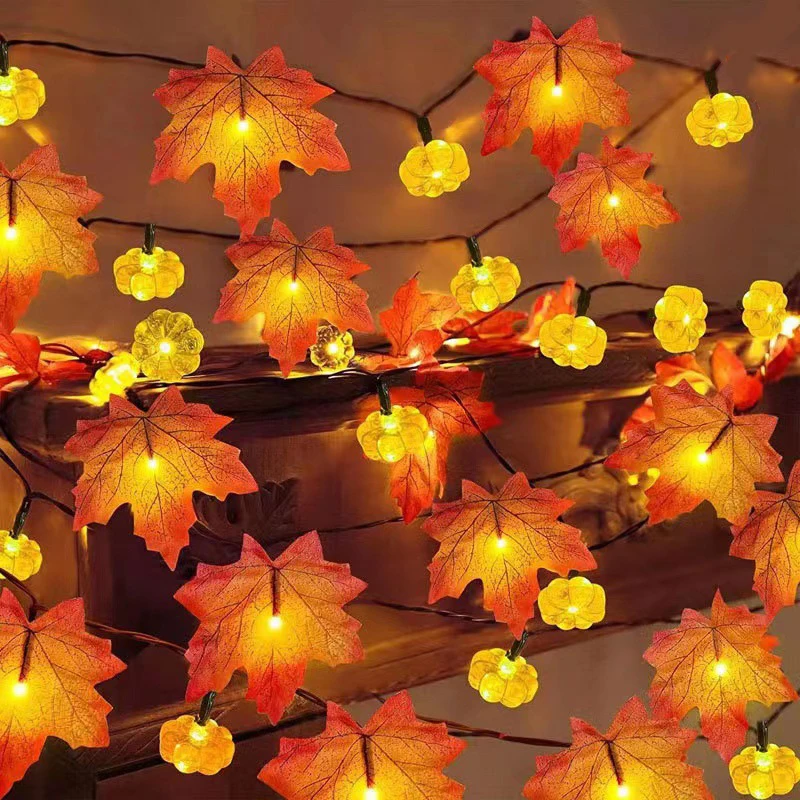 Artificial Autumn Maple Leaves Pumpkin Garland LED Fairy String Light Fall Thanksgiving Decorations Halloween Party DIY Supplies