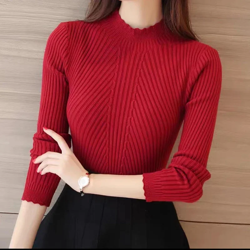 Women Ruffles Mock Neck Sweater Long Sleeve Knitted Bottoming Solid Pullovers Stripe Casual Sweater For Women 2023 Autumn Winter