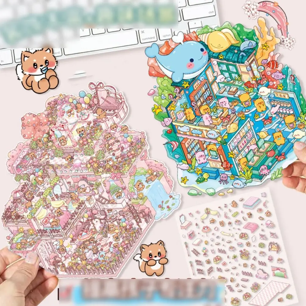 Kawaii PET 3D Landscaping Stickers Cartoon Visual Stacking Visual Stacking Stickers DIY 3D Miniature Scene Sticker Gift