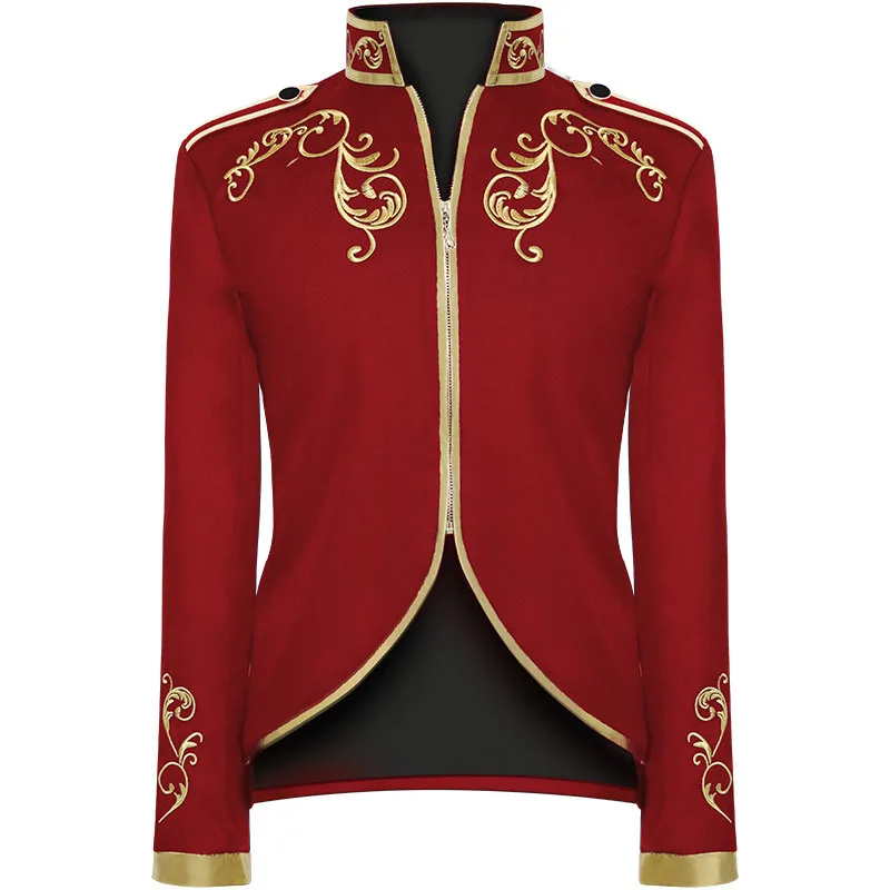 British Style Men Standing Collar Embroidered Suit Jacket Red / Blue Fashion Men\'s Wedding Dance Party Patchwork Dress Coats