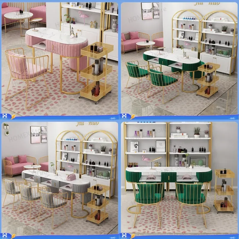 Nordic Marble Manicure Table and Chairs Wrought Iron Double Layer Nail Desk Single Double Triple Station with Storage for