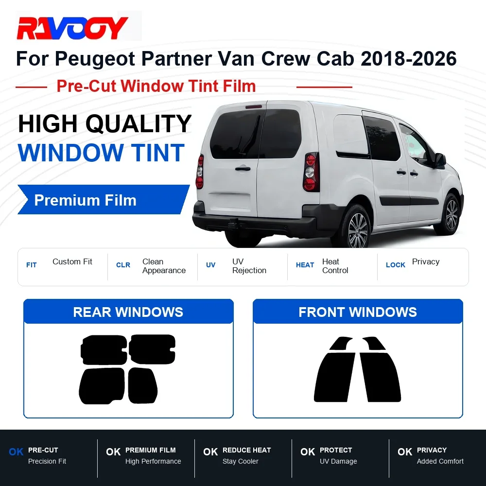 Premium Pre-Cut Window Tint For Peugeot Partner Van Crew Cab 2018-2026 Front & Rear Windows UV Heat Rejection Privacy Film