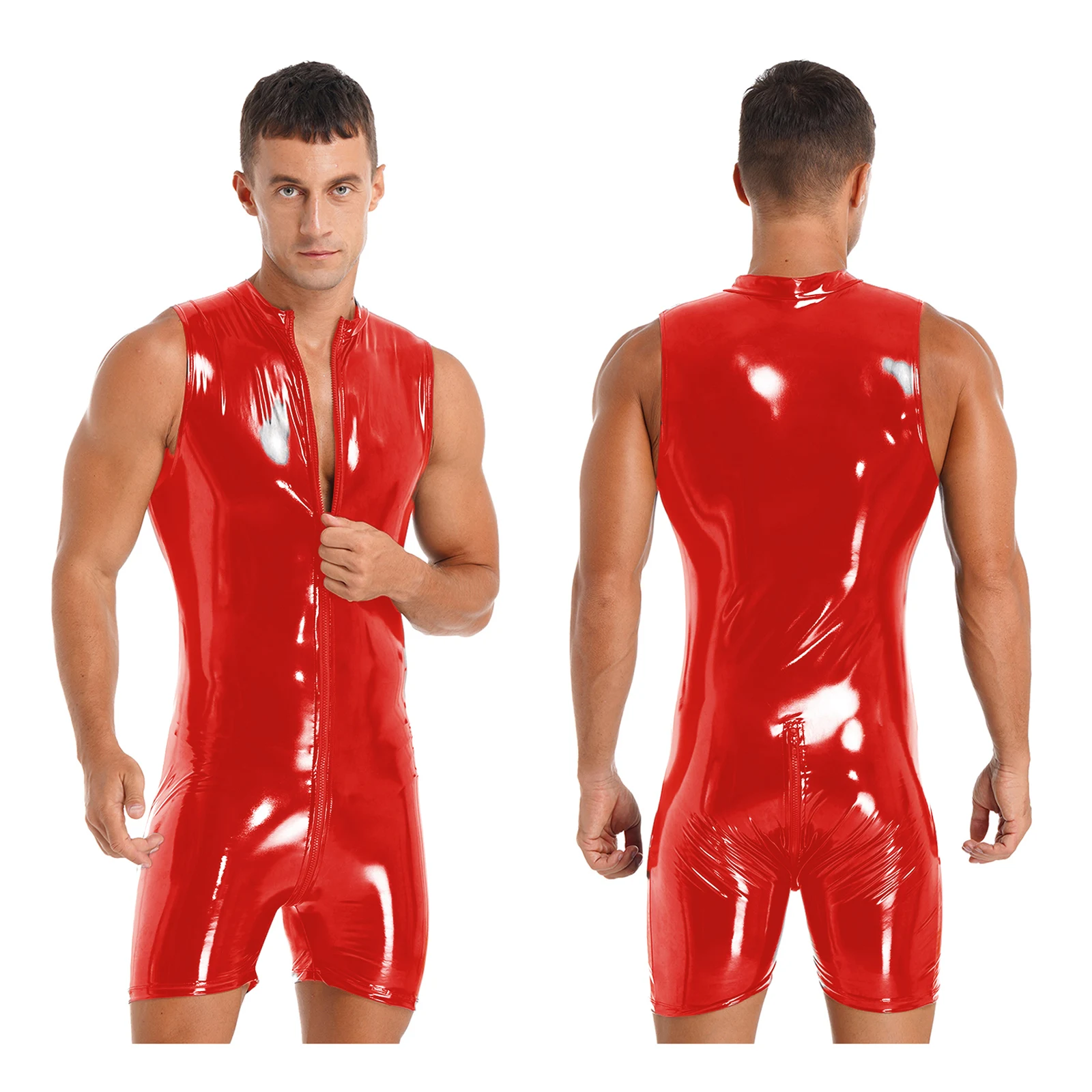 Mens Patent Leather Zipper Bodysuit Sexy Wet Look Sleeveless One-piece Tight Leotard Jumpsuits Male Club Pole Dancing Costume