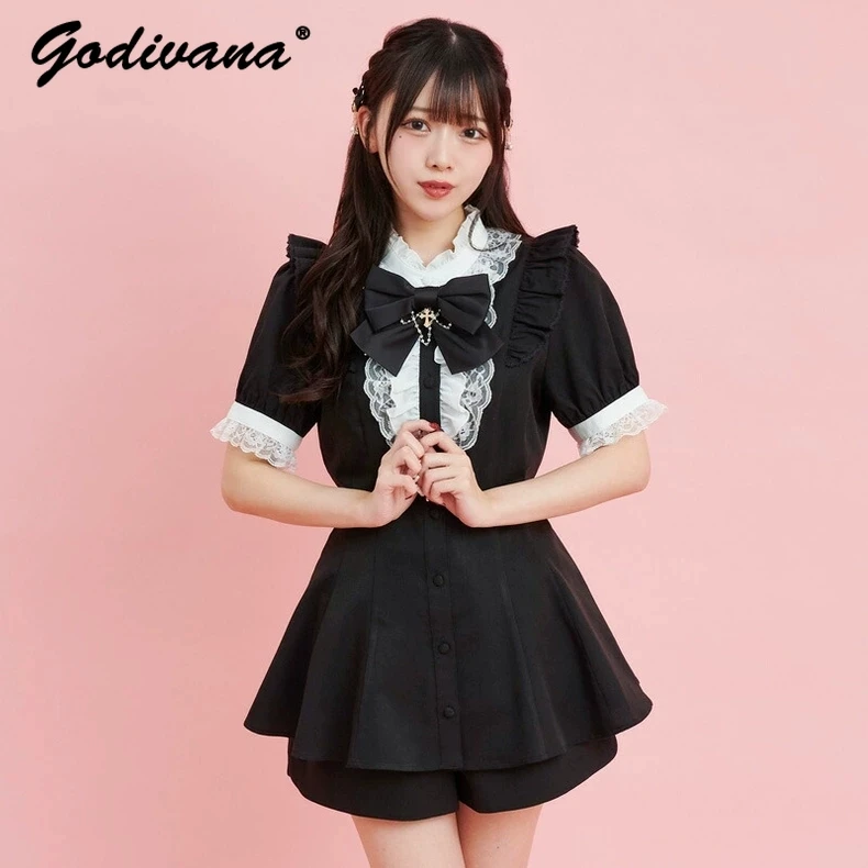 

SC Suit 2024 Summer New Short Sleeve Mine Series Mass Production Slim Shirt Cross Bow Top and Shorts Set Female Lolita Outfits