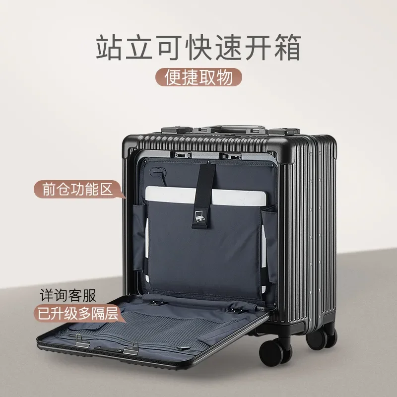 Front opening business suitcase aluminum frame trolley case universal wheel boarding 18-inch password suitcase wholesale