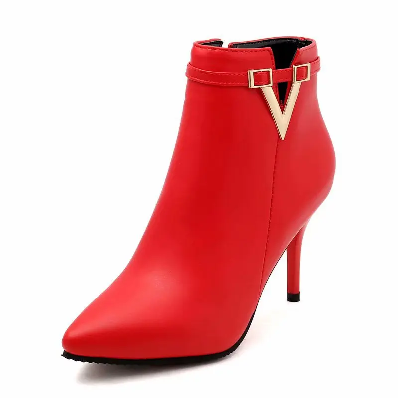 HOT Sale Autumn Stiletto Thin High Heels Zipper Style Sexy Womens Boots Bota Feminina Pointed Toe Faux Leather Red Ankle Boot