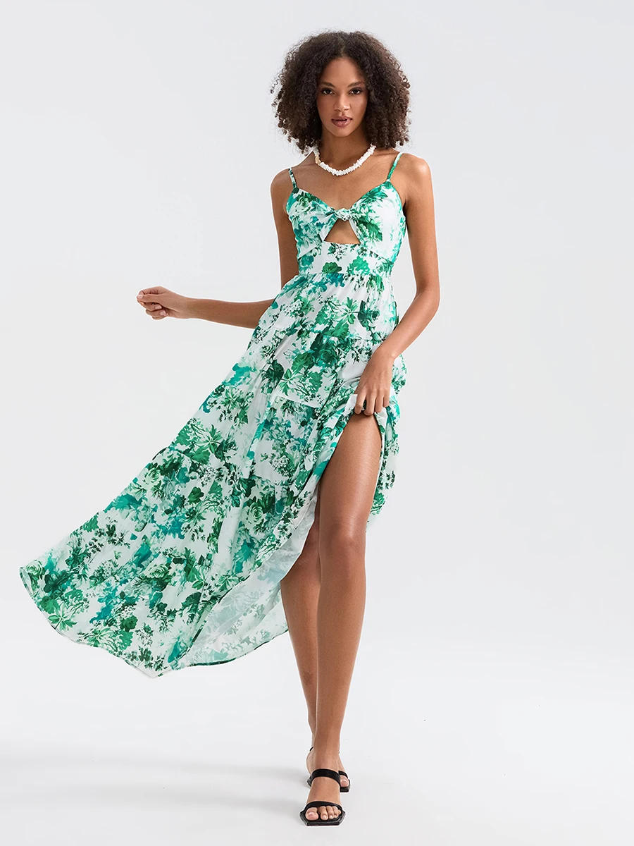 wsevypo Summer Bohemian Long Beach Dress Women's Sleeveless V Neck Cutout Flower Print Vacation Dresses for Party Gown Vestidos