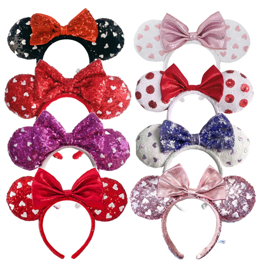 Disney Mickey Mouse Ear Headband Pink White Loving Heart For Adults Sequins Bow Headband Minnie Park Accessories Headwear