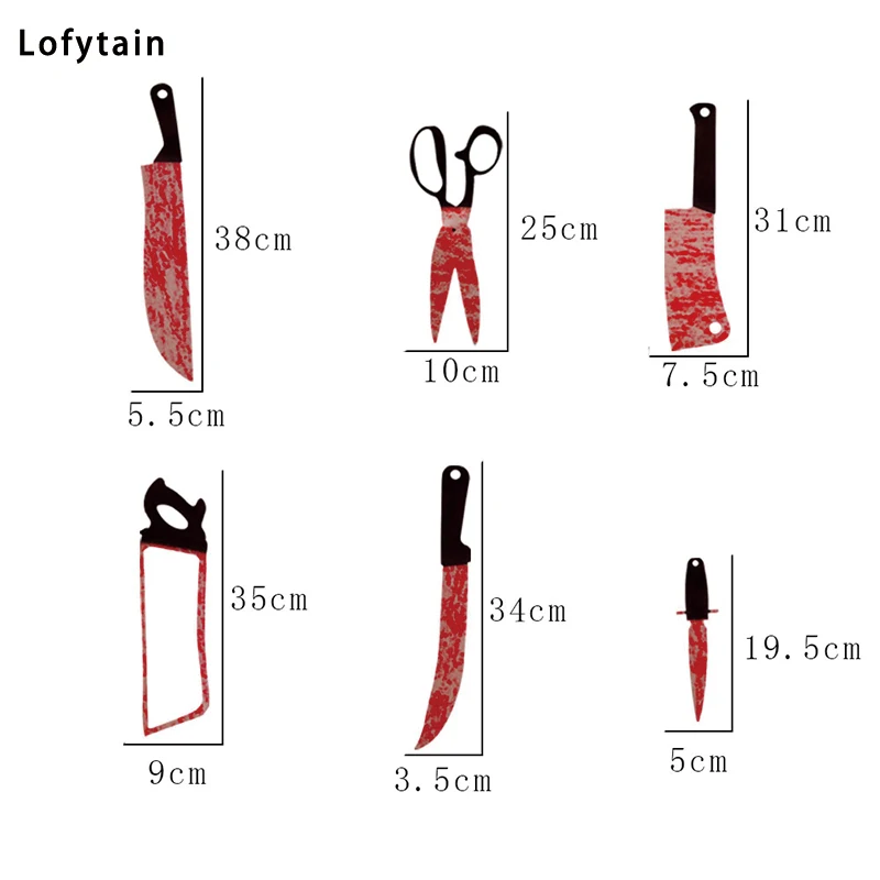 Lofytain 12pcs/lot Halloween Plastic Blood Knife Tools Sets Horror Spooky Haunted House Hanging Knife Garland Banner