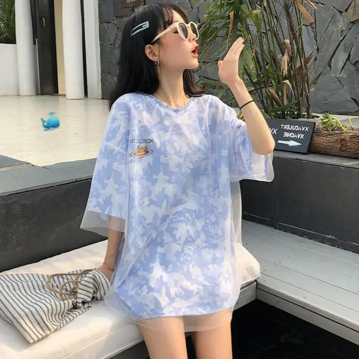 

Летние модные женские футболки, сетчатая футболка из двух предметов, Femme Harajuku, повседневная свободная футболка Y2k, топ, женская уличная одежда