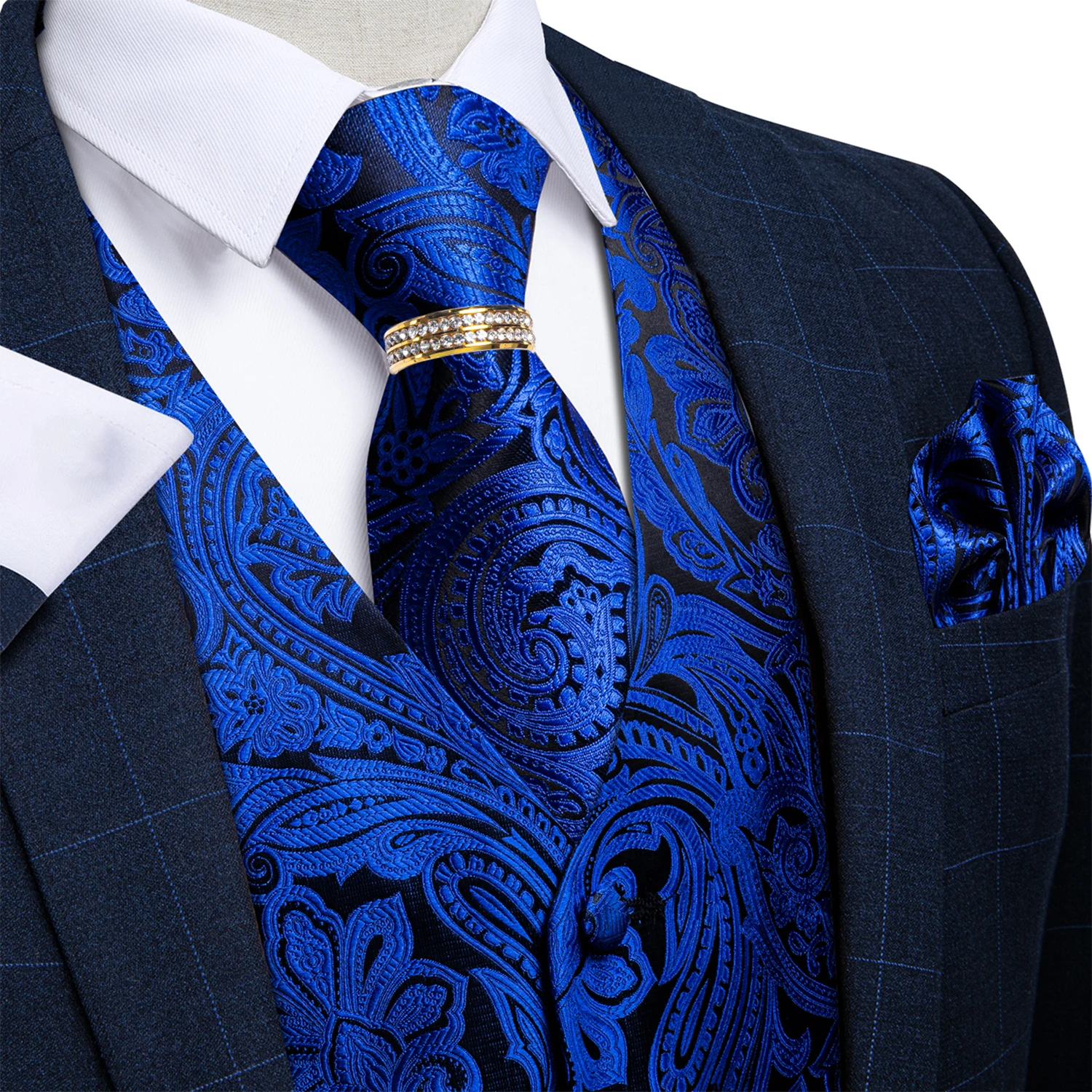 Conjunto de 5 piezas de chaleco azul brillante con cuello en V y estampado Paisley, corbata, gemelos cuadrados y anillo brillante para graduación y celebraciones festivas