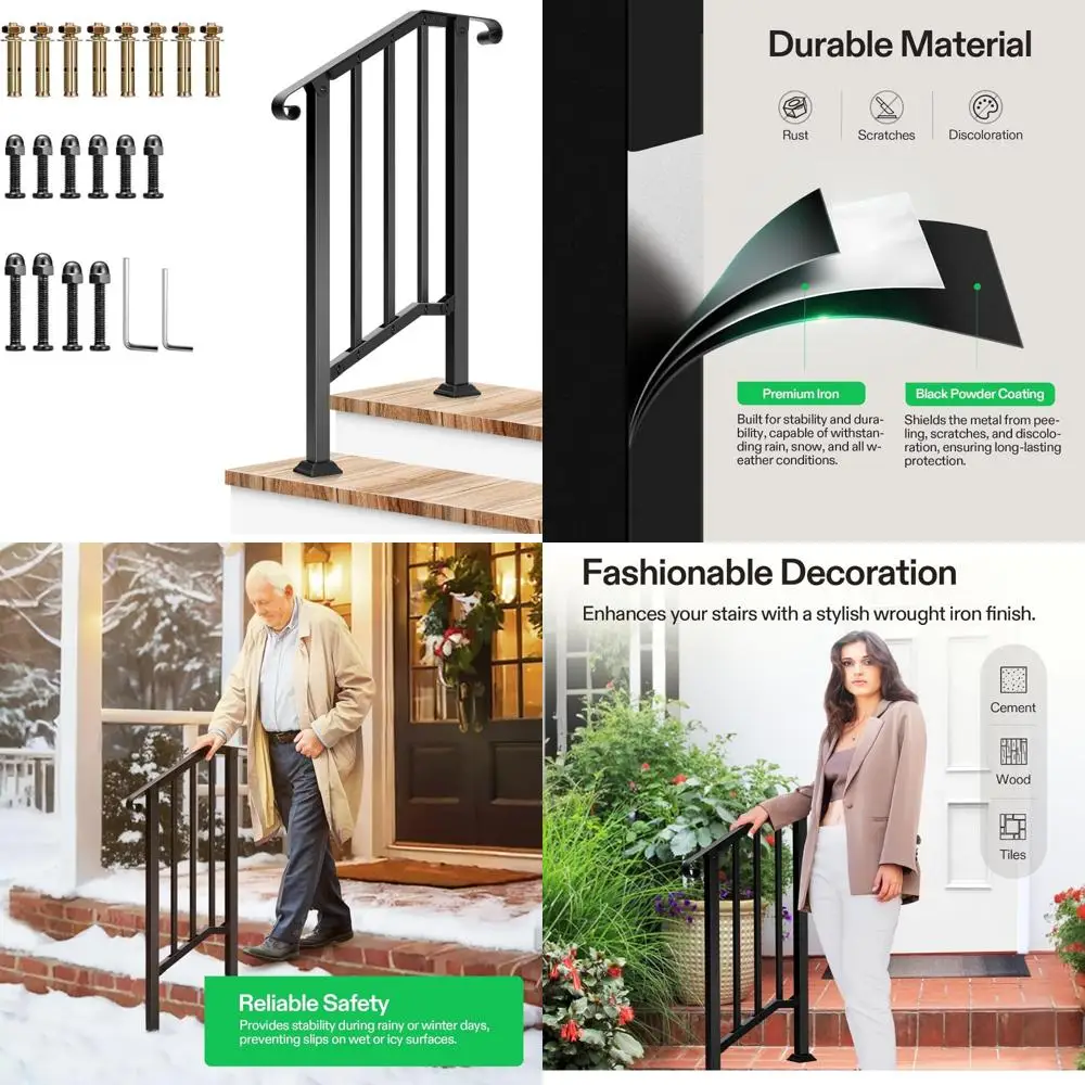 درابزين درج خارجي بخطوتين، 26 × 36، يناسب 1-2 خطوات، درابزين من الحديد المطاوع بأطراف منحنية، لمسة نهائية متينة باللون الأسود غير اللامع