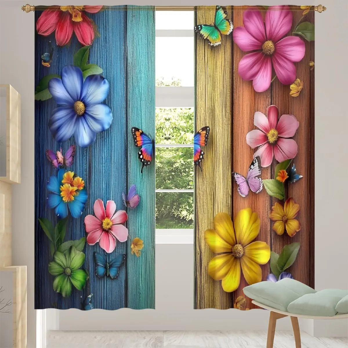 3D Colorful Flowers and Butterflies Window Curtains, Rustic Wooden Plank Print Drapes, Vintage Country Style Decor for Bedroom