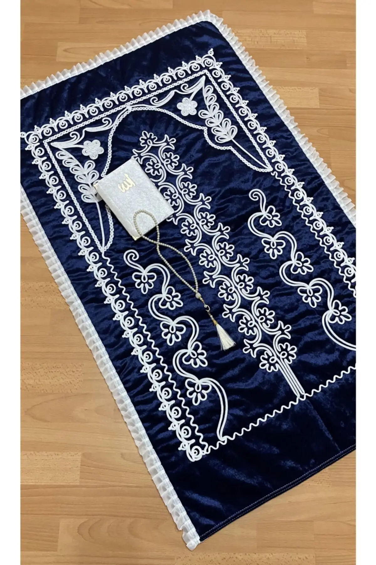 DOLBOVI navy blue velvet Seccade 3 piece quarter bridal groom set Meditation Rug