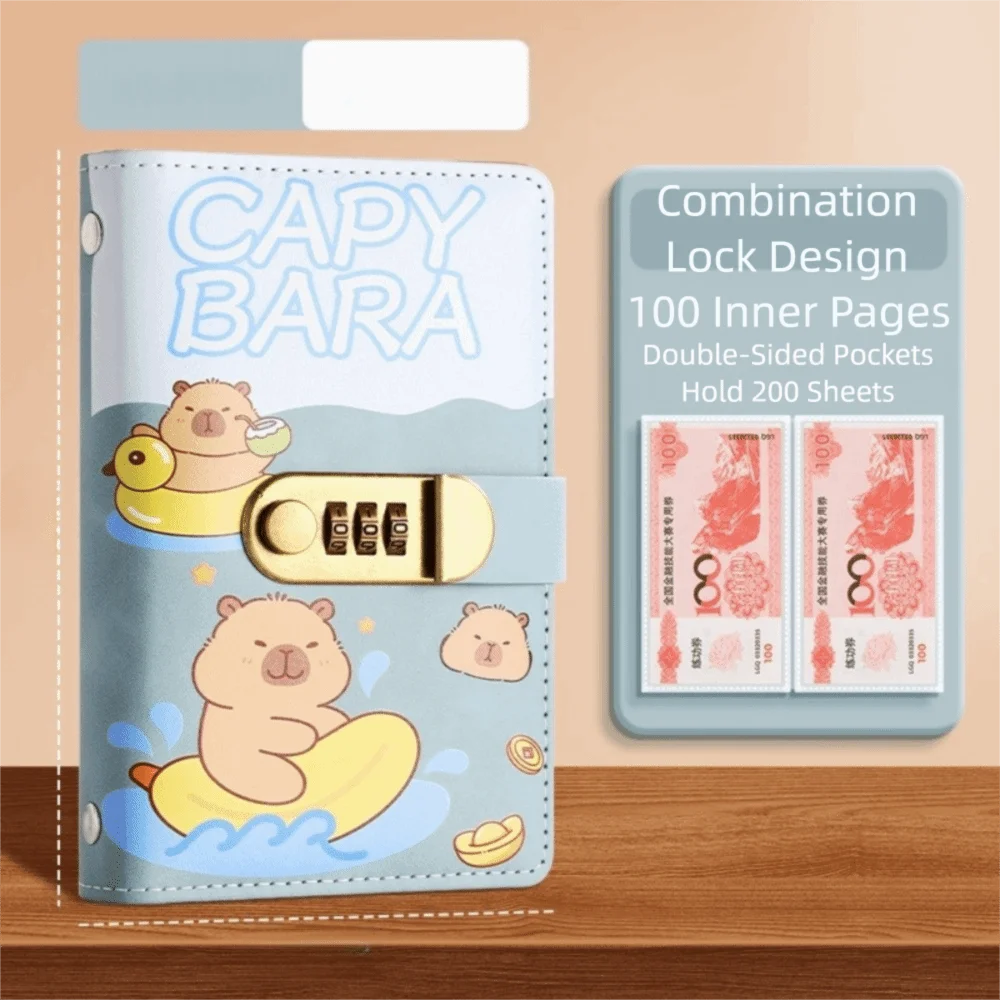 Cartoon Capybara Saving Money Binder with Password Lock PU Leather Budget Binder with Lock A6 Cash Envelopes Account Book Family
