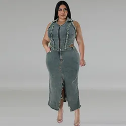 2 Piece Set Women 2024 Spring Summer Plus Size Denim Sleeveless Tops And Maxi Skirts Suits Mujer Matching Sets Jacket Outfit