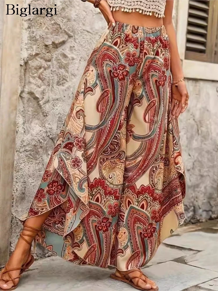 Plus Size Sommer Bohemian Style Print lange weites Bein Hose Frauen unregelmäßige Rüschen plissiert lose Damen hose Mode Frau Hose