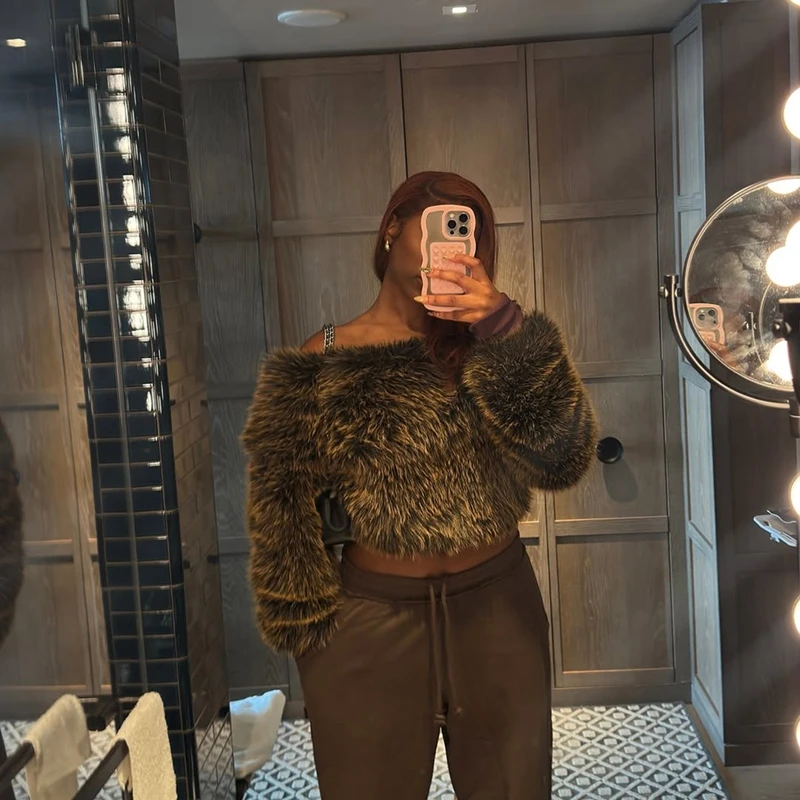 

СТИЛЬНЫЕ женские меховые блузки с открытыми плечами, осень 202, женские элегантные топы с длинными рукавами и вырезом на шее, вечерние топы, верхняя одежда