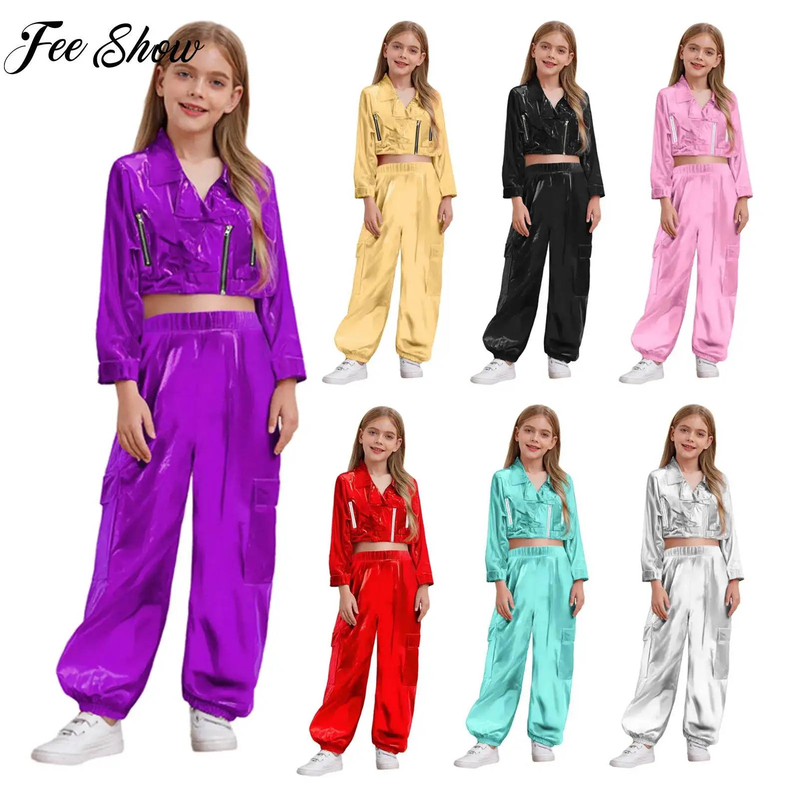 

Unisex Kids Boys Girls Hip-Hop Jazz Dance Outfit Motorcycle Long Sleeve Outwear with Shiny Pants for Birthday Party Performance