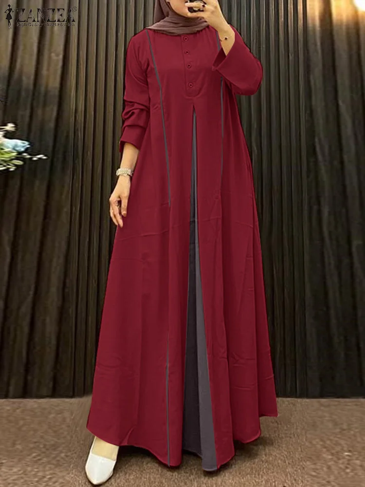 

2025 ZANZEA Fashion Muslim Abaya Dresses Women Long Sleeve Patchwork Maxi Sundress Elegant Loose IsIamic Robe Kaftan Eid Mubarek