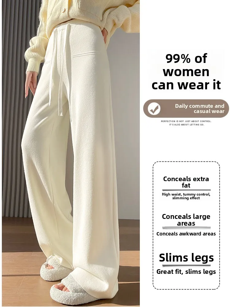 لينة محبوك عالية الخصر ثنيات بنطال ذو قصة أرجل واسعة الخريف الشتاء القمح اللون بناطيل كاجوال Fem Ele طول الأرض تريكو