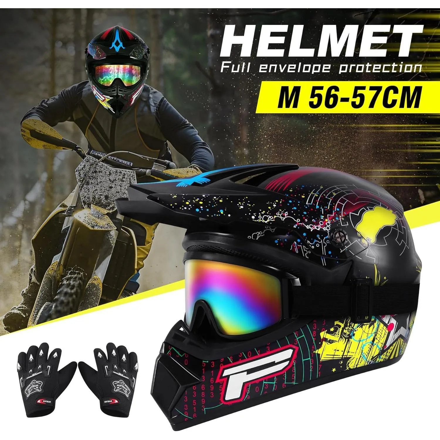 Motocross Helmet Dirt Bike Helmet Motorcycle Off-Road Full Face Helmet with Gloves Goggles for Unisex Adult DOT / FMVSS 218 Appr