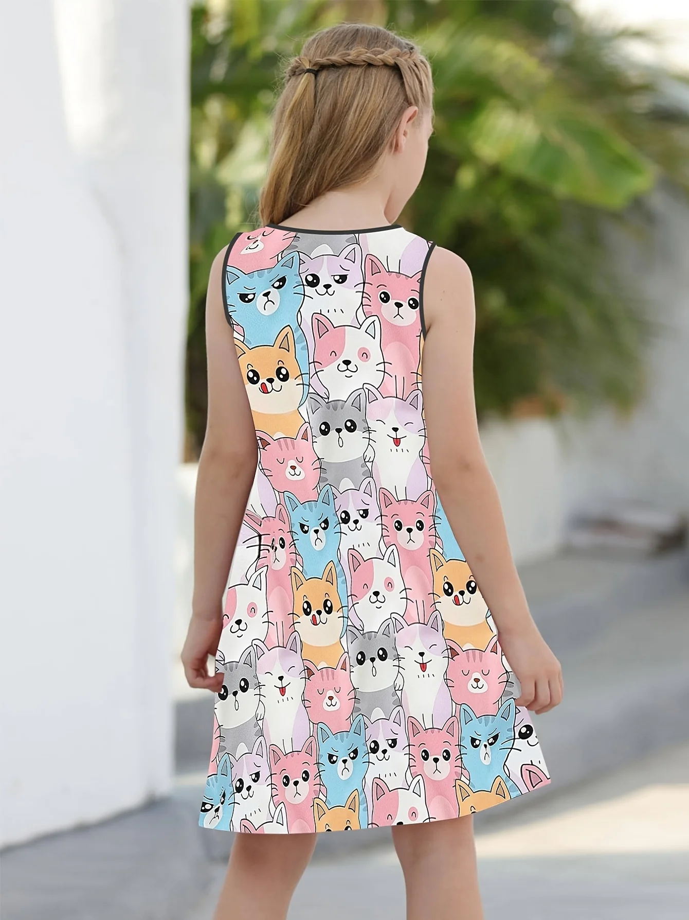 2024 Kids Little Girls Sleeveless Over Knee Dress Girl Dress Lovely Style Cartoon Cats 3d Print Daily Casual Cute Dress Clothing